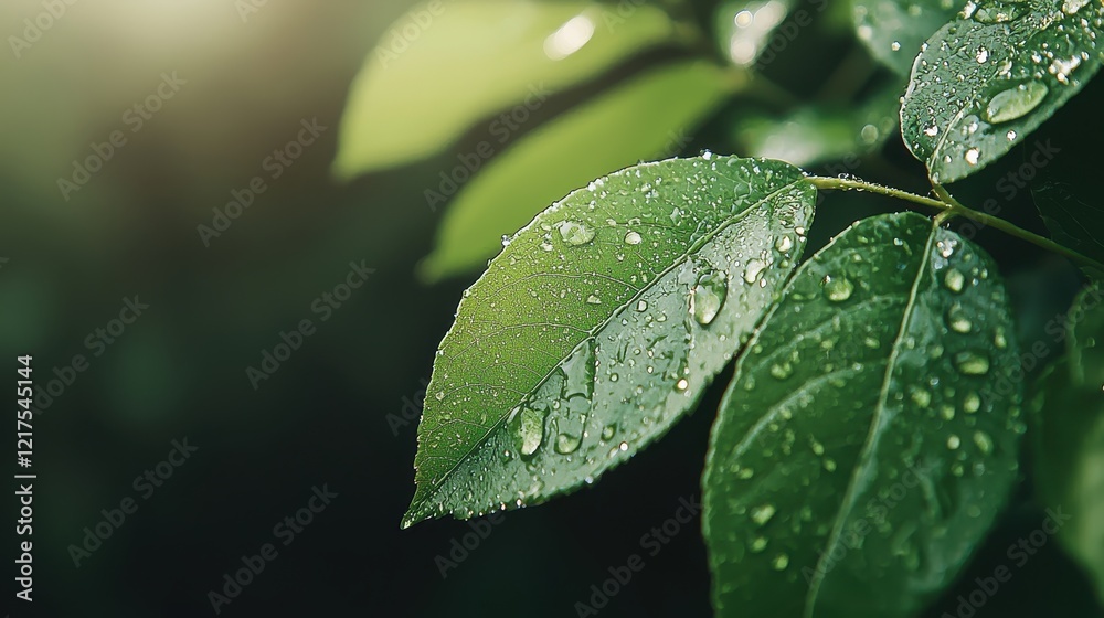A close-up of green leaves adorned with water droplets, highlighting nature's beauty and freshness. A close-up of green leaves adorned with water droplets, highlighting nature's beauty and freshness.