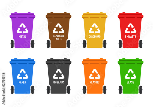 Recycling Bins. Containers for different types of garbage. Containers of different colors. Set of vector illustrations photo