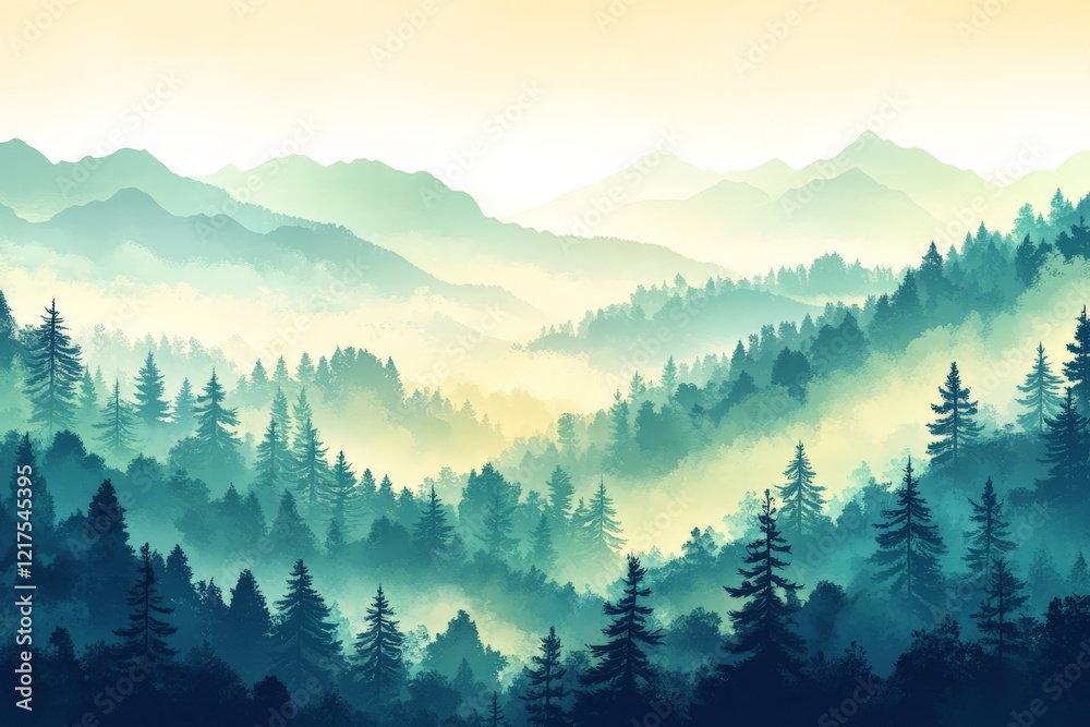 Obraz premium Majestic mountain landscape with layered trees and mist at sunrise in a tranquil forest setting