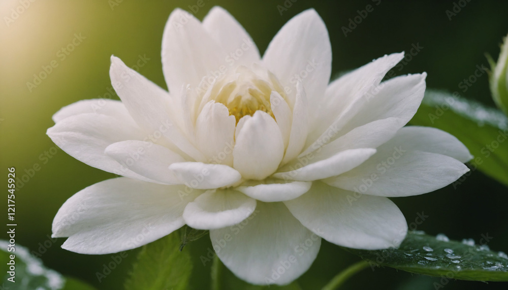Pristine white flower with serene mood, close-up with water droplets Pristine white flower with serene mood, close-up with water droplets