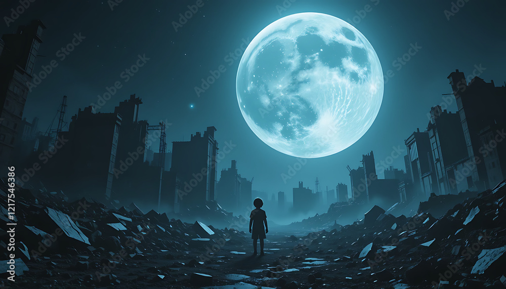 Child Under a Majestic Full Moon in a Post-Apocalyptic Child Under a Majestic Full Moon in a Post-Apocalyptic