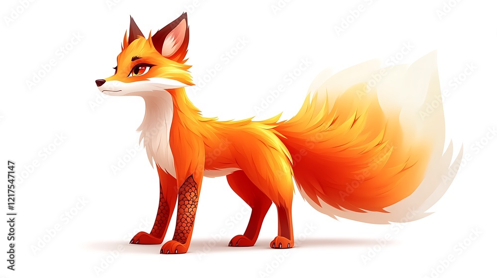 Obraz premium A stylized red fox with a magnificent tail stands alert
