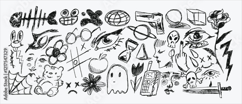 Messy textured scribbles and anti-design doodles vector illustration set isolated on white background