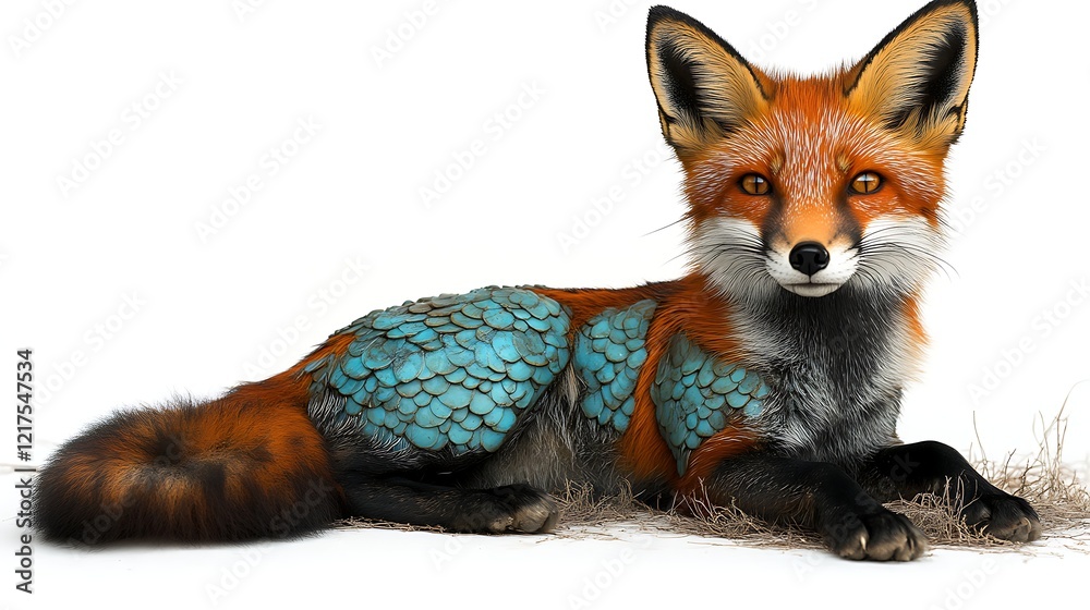 Fototapeta premium Red Fox With Teal Scaled Patches Lying Down
