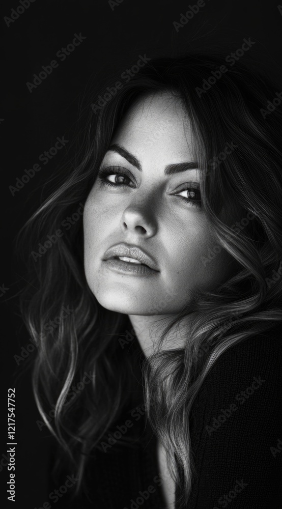 Black and white portrait of woman on a dark background, shadow play. Black and white portrait of woman on a dark background, shadow play.