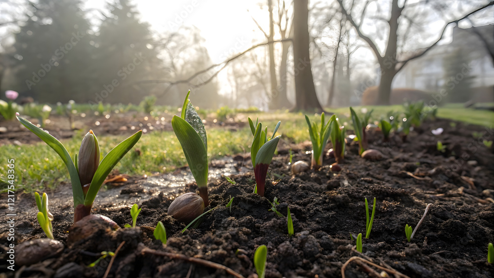 sprouting tulip bulbs in a lush, early spring garden. The ground is soft and freshly turned, with small green shoots emerging from the soil, signaling the start of the season sprouting tulip bulbs in a lush, early spring garden. The ground is soft and freshly turned, with small green shoots emerging from the soil, signaling the start of the season