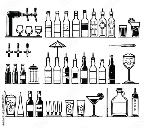 Set of hand drawn drinks icons. Cocktails and drinks set. Black and white illustration, drinks and food. Cocktail, Alcohol, Bottles and glasses, beer, whiskey, cognac, whiskey, wine, whiske	