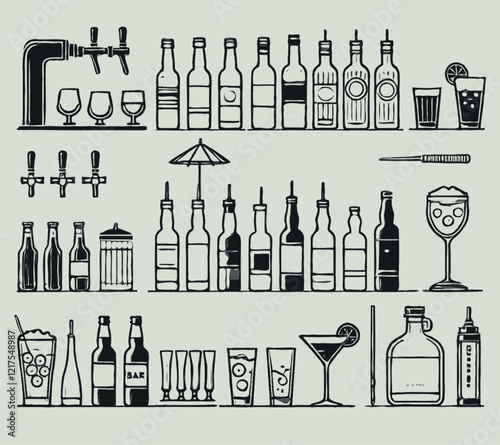 Set of hand drawn drinks icons. Cocktails and drinks set. Black and white illustration, drinks and food. Cocktail, Alcohol, Bottles and glasses, beer, whiskey, cognac, whiskey, wine, whiske	