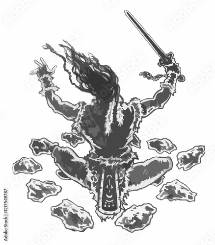 SHAMAN warrior with sword & levitating STONES 