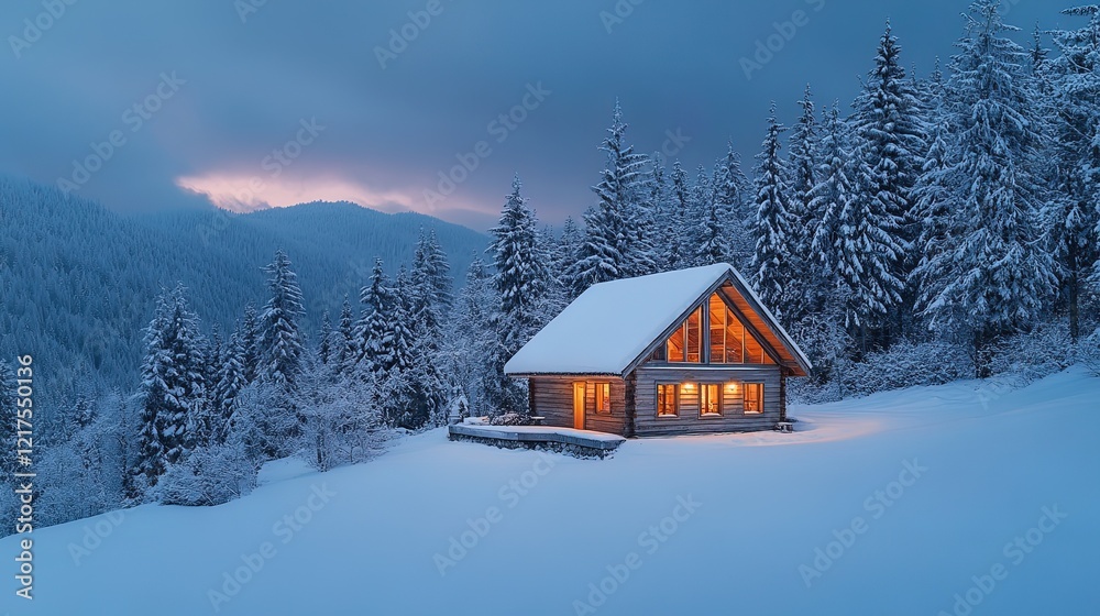 Fototapeta premium Cabin in a snowy mountain forest at dusk, warm and cozy winter scene 