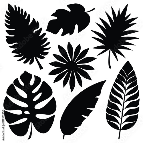 A set of stylized, black silhouette tropical leaves and flowers on a white background
