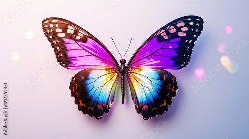 A vibrant butterfly with striking purple, blue, and orange hues, resting on a light background, showcasing its intricate wing patterns.