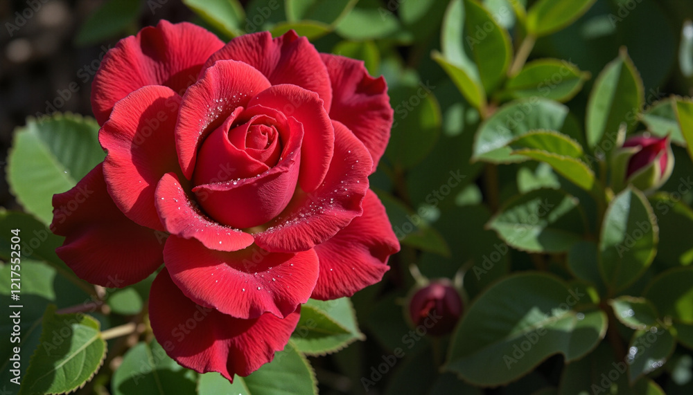 Close-up of vibrant red rose with morning dew droplets illuminated by natural light Close-up of vibrant red rose with morning dew droplets illuminated by natural light