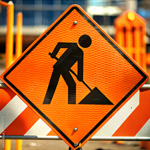 Bright orange construction zone sign with black text.