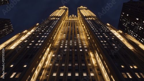 Illuminated Skyscraper at Night Cityscape View