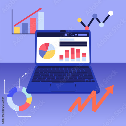 Laptop showing growing statistics charts and diagram in business analysis