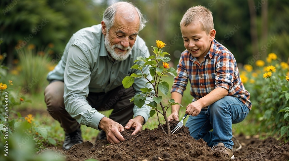 Fototapeta premium A grandfather and his grandson collaborate to plant a tree in the garden.