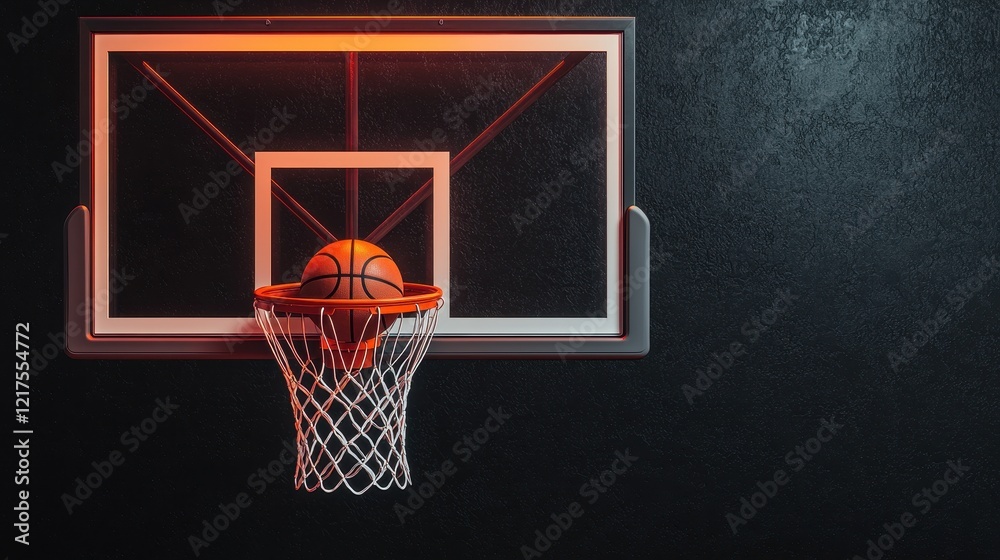 A basketball hovers above a hoop, illuminated in warm light, creating a dramatic contrast against a dark background. A basketball hovers above a hoop, illuminated in warm light, creating a dramatic contrast against a dark background.