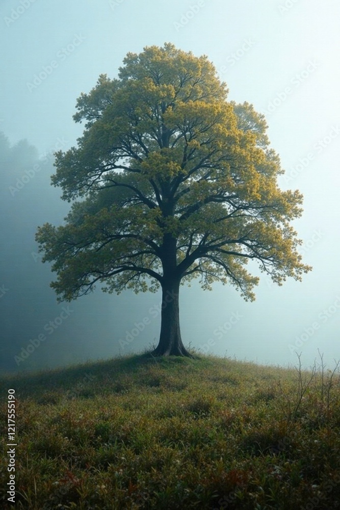 Fototapeta premium Fog slowly wraps around the base of a lone tree, forest, nature