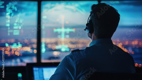 A detailed view of an air traffic controller using radar screens and communication tools to guide aircraft movements efficiently