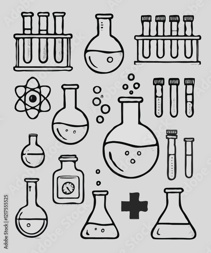 Adobe Illustrator Artwork, Laboratory glassware, test tubes, microscope, flask, flasks. Science icons set, doodle style, illustration. 
Illustration of a set of lab equipment. Chemistry icons set. 
