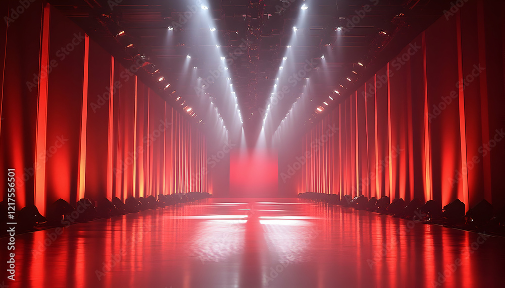 Fototapeta premium Fashion runway with lighting equipment and event production setup, capturing the essence of a fashion show in an elegant and transparent background setting -