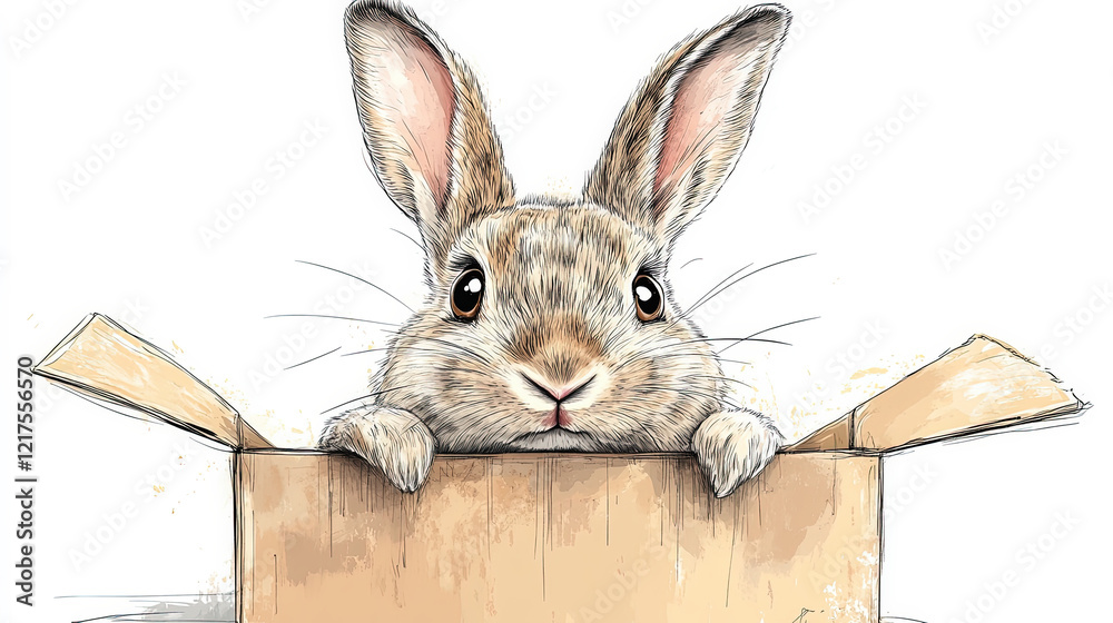 Obraz premium A playful illustration of a Flemish Giant rabbit sitting inside a box, with large, curious eyes and exaggerated whiskers, drawn in a whimsical, child-friendly style