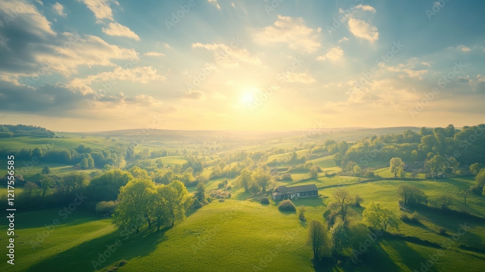 Fototapeta premium Serene Sunset Over Rolling Green Hills Farmhouse