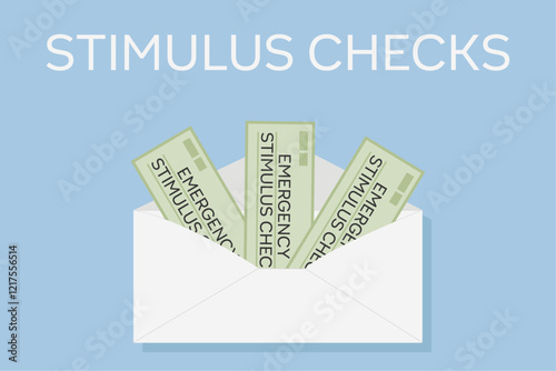 Stimulus checks, payments. Refundable credit, tax return concept. Envelope with green checks on blue background with text. Vector illustration.