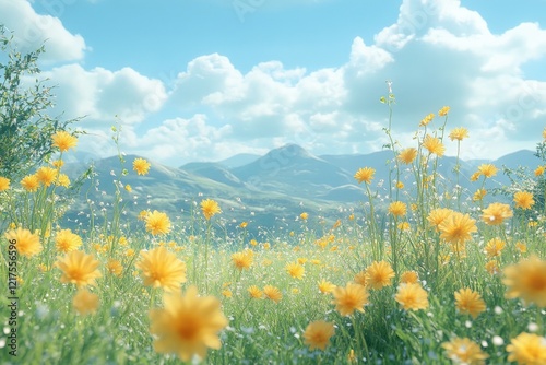 Vibrant yellow flowers bloom under a clear blue sky in a picturesque landscape surrounded by mountains during daylight
