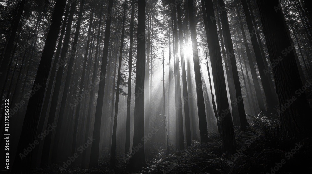 Naklejka premium Sunbeams Illuminate a Misty Redwood Forest