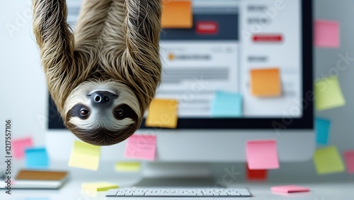sloth in front of laptop
