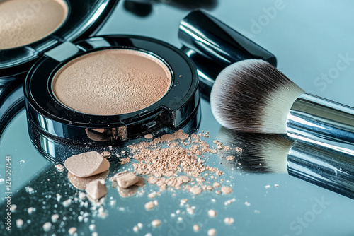 Makeup application tools resting on a reflective surface, showcasing a makeup compact and brush with loose powder photo