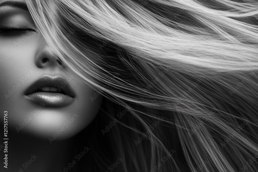 Captivating close-up portrait showcasing flowing hair and serene expression