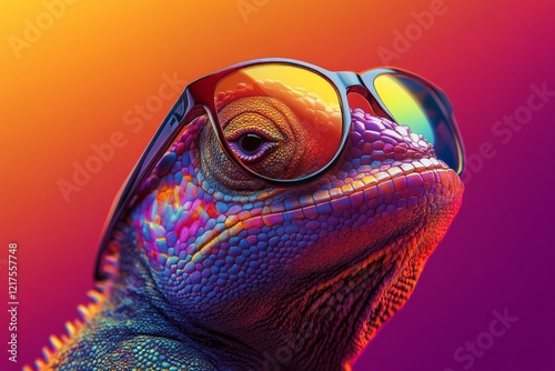 Colorful lizard wearing sunglasses with vibrant background showcasing digital art style and creativity photo