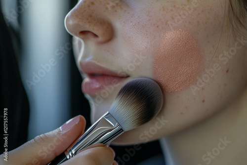 Beauty application during makeup session with focus on blush using brush by a skilled artist in a modern setting