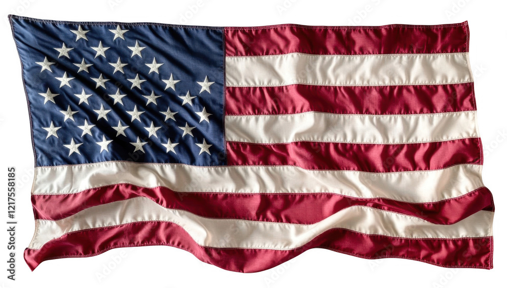 Obraz premium A close-up of the United States flag with its iconic stars and stripes, draped elegantly against a white background. Perfect for patriotic themes, national holidays, and American pride. 