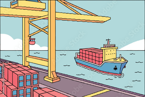 Pixel art, container ship, cargo port, shipping containers, large yellow crane, blue ocean, clear sky, vibrant colors, simplified shapes, 8-bit style, maritime logistics, industrial scene, global trad