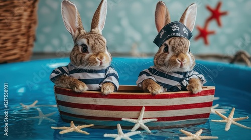 Two adorable rabbits dressed as pirates sit in a small boat on water, surrounded by starfish, creating a whimsical and playful scene.