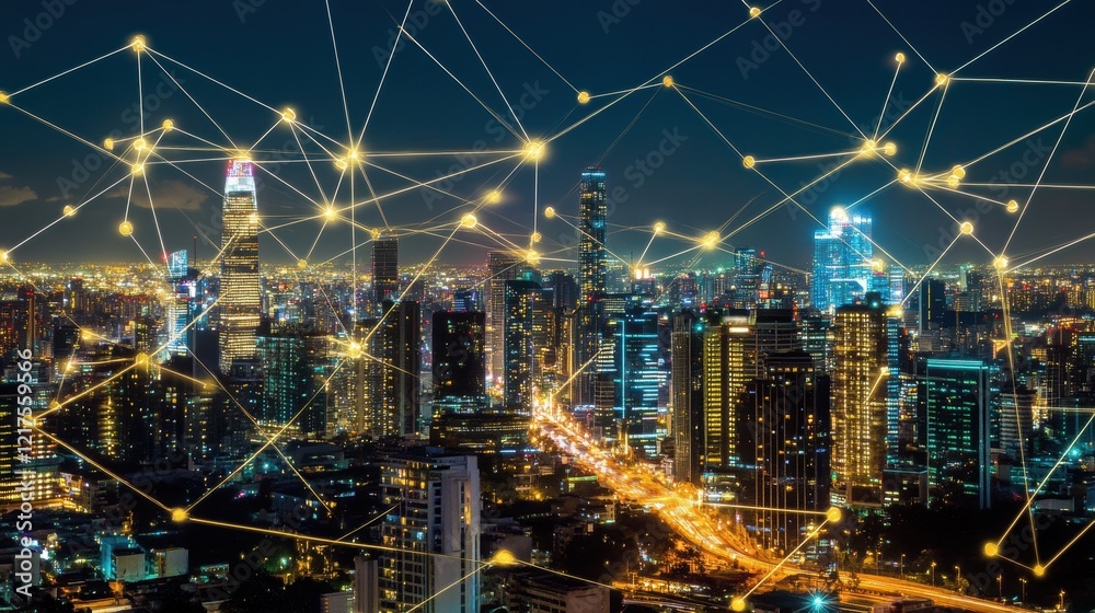 Naklejka premium Illuminated Cityscape Network Showing Interconnected Buildings