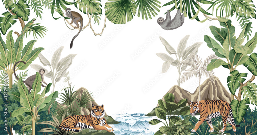 Fototapeta premium Tropical jungle palm trees, banana tree, green plants, tiger, monkey, sloth animal, parrot frame. Hawaiian island and sea waves mural.
