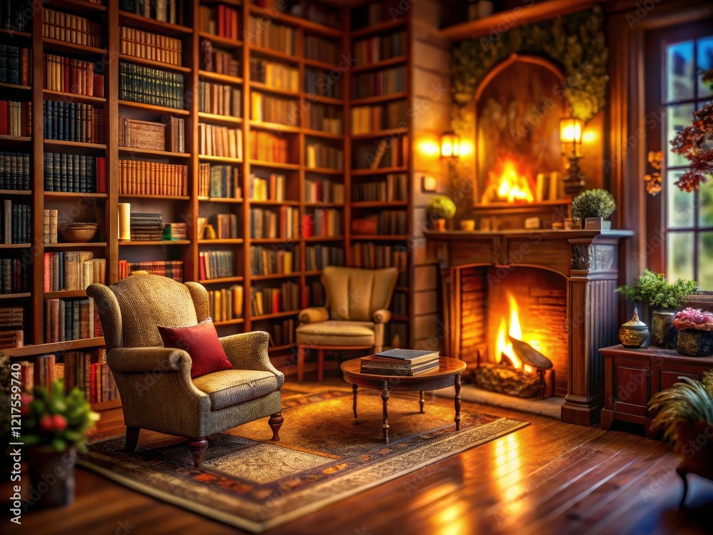 A cozy fireplace illuminates a tilted-shift scene of a book-lined reading nook, elegant and inviting. A cozy fireplace illuminates a tilted-shift scene of a book-lined reading nook, elegant and inviting.