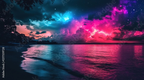 Serene Nightscape Beach Scene With Vivid Pink And Blue Clouds