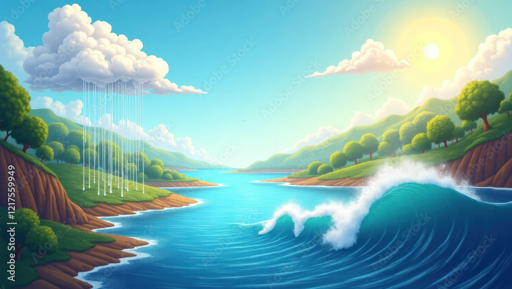 Fototapeta premium Vibrant landscape with ocean waves and clouds in a sunny environment for World Water Day