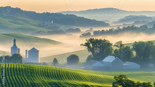 Serene Morning Mist Over Rolling Farmland and Silos