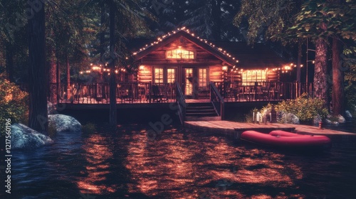 Illuminated Lakeside Log Cabin In A Dark Forest