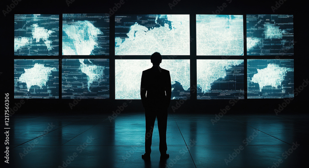 A man in a formal suit is positioned at the center, gazing at multiple large screens filled with digital maps and data visualizations. The atmosphere is dim, emphasizing the bright displays. A man in a formal suit is positioned at the center, gazing at multiple large screens filled with digital maps and data visualizations. The atmosphere is dim, emphasizing the bright displays.