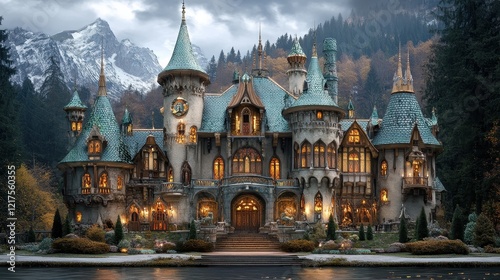 Enchanting Castle Nestled Amidst Snowy Mountains and Forest