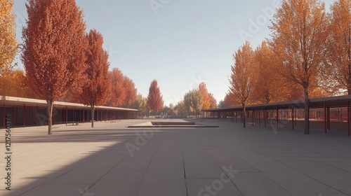 Autumnal Trees Line Modern Building Plaza
