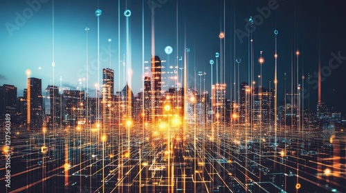 Illuminated Cityscape with Digital Network Overlay